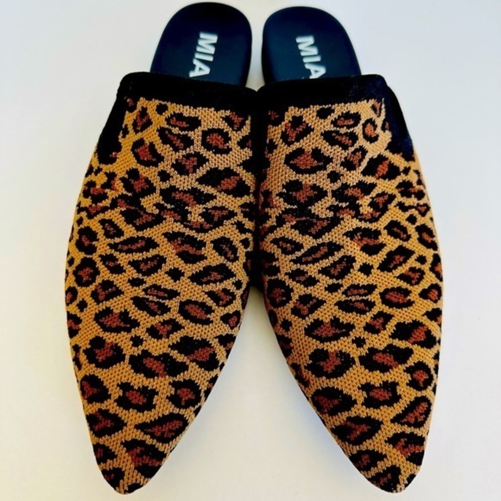 MIA Leopard Print Pointed-Toe Mules in Black and Brown